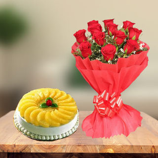 Premium Pineapple Cake & Red Roses