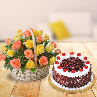 Mixed Roses Basket with Cake