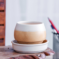 Jar Shape Round Ceramic Pot With Plate (White, Beige)