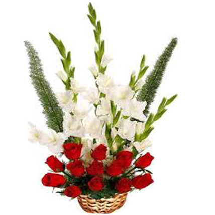 Red Roses & White Glads Basket