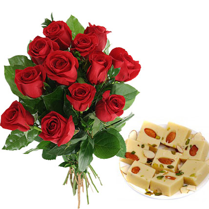 Red Roses With Mawa Burfi