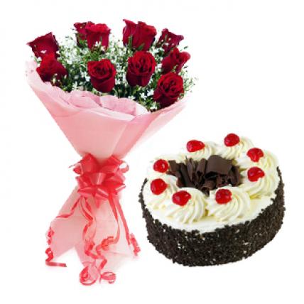 Red Roses with Black Forest Cake