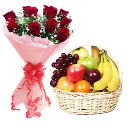 Roses with Fresh Fruit Basket