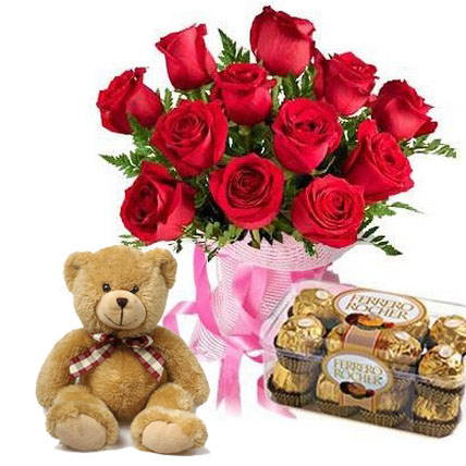 Valentine Red Roses, Teddy & Chocolates