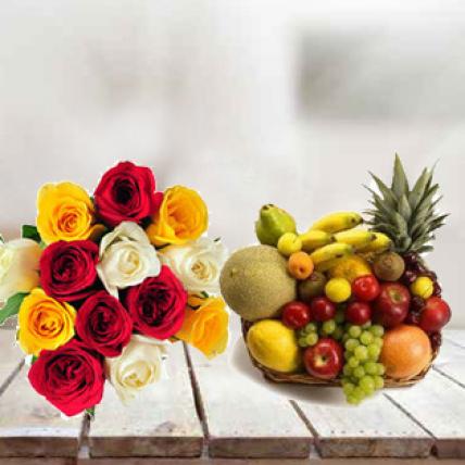 Mixed Roses Bouquet With Fruit Basket