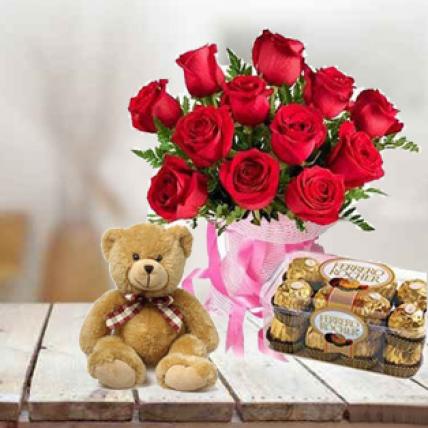 Red Roses with Chocolate & Teddy