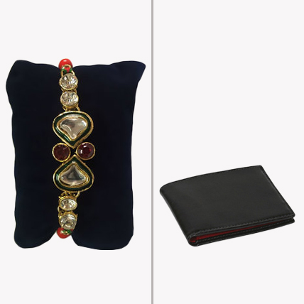 Fancy Kundan Rakhi with Leather Wallet