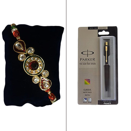 Fancy Kundan Rakhi with Parker Pen