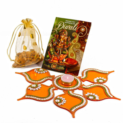 Almonds with Rangoli and Greeting Cardfdiwali