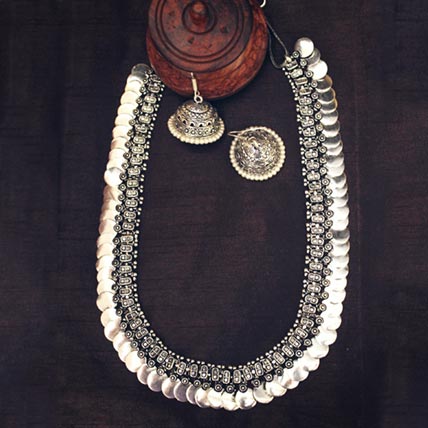 Long Silver Plain Coin Necklace Set