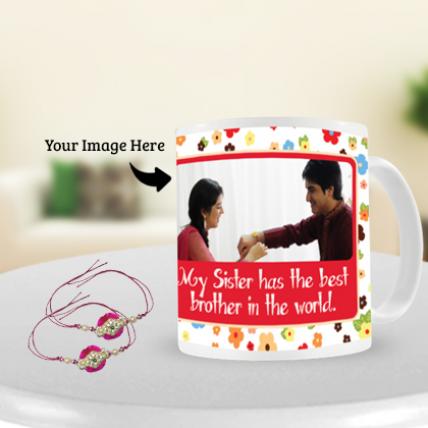 Pink Stone Rakhi with Rakhi Photo Mug