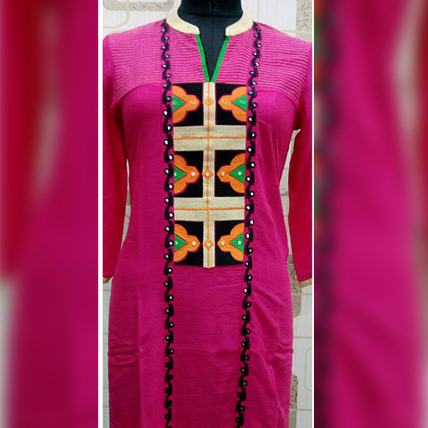 Pink Kurti with Embroidery Panel