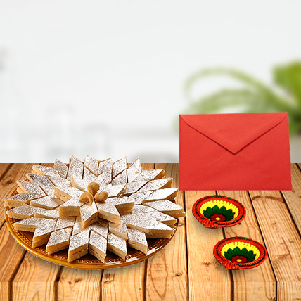 Kaju Barfi With Diyas & Card