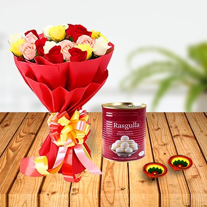 Diwali Mix Roses, Rasgulla & Diya Combo