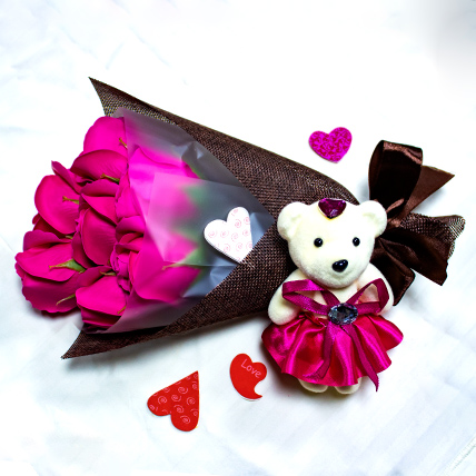 Pink Roses Bouquet with Teddy