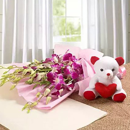 Valentine Love with Orchids and Teddy