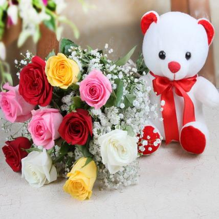 Valentine Mixed Roses and Teddy Bear