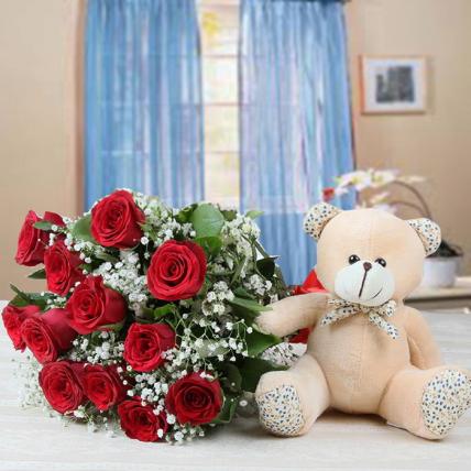 Valentine Red Roses and Teddy Bear Combo