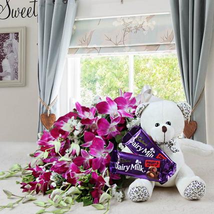 Valentine Love with Orchids, Teddy and Chocolate 