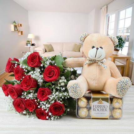 Red Roses, chocolate & Teddy Combo