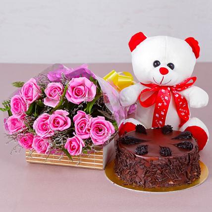 Bunch of Pink Roses with cake and teddy combo