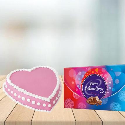 Heart Shape Strawberry Cake with Cadbury Celebration Combo