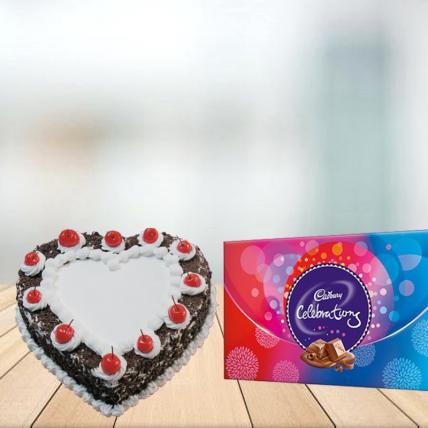 Heart Shape Black Forest Cake with Cadbury Celebration Combo