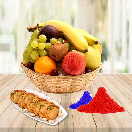 Fresh Fruits Basket and Gujiya with Free Gulal
