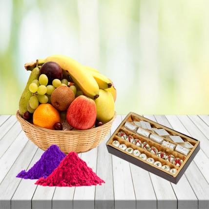 Fresh Fruits Basket and Assorted Mixed Sweets with Free Gulal