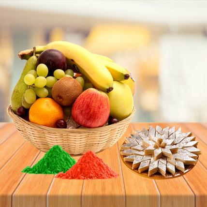 Fresh Fruits Basket and Kaju Katli with Free Gulal