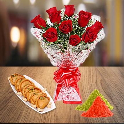 Red Roses and Gujiya with Holi Colors
