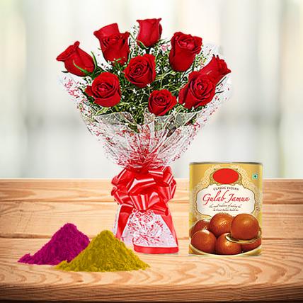 Red Roses and Gulab Jamun with Holi Colors