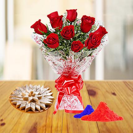 Red Roses and Kaju Katli with Holi Colors