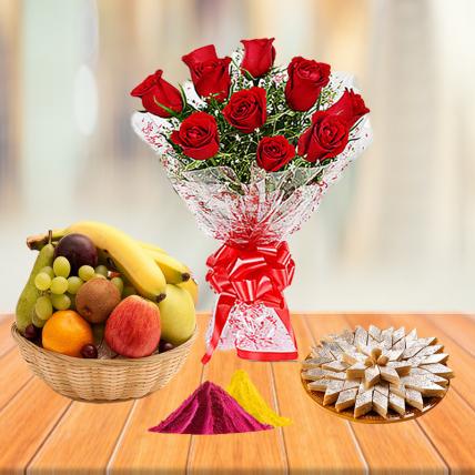 Red Roses, Kaju Katli and Fresh Fruit Basket with Free Gulal 