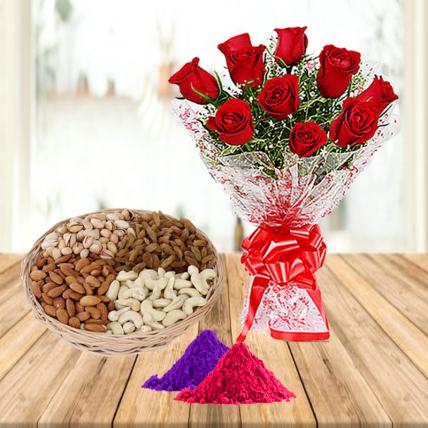 Red Roses and Mixed Dry Fruits with Holi Colors