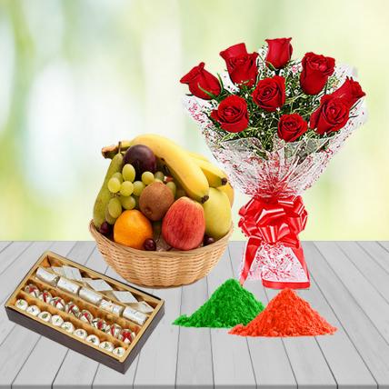 Red Roses, Mixed Assorted Sweets and Fresh Fruit Basket with Free Gulal 