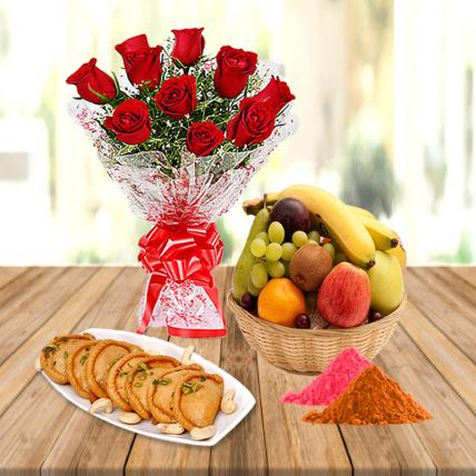 Red Roses, Gujiya and Fresh Fruit Basket with Free Gulal 