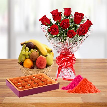 Red Roses, Motichoor Ladoo and Fresh Fruit Basket with Free Gulal 