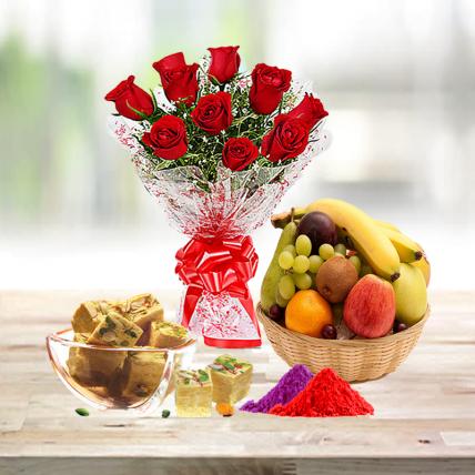 Red Roses, Soan Papdi and Fresh Fruit Basket with Free Gulal