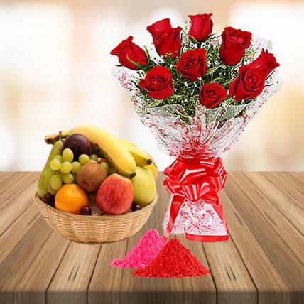 Red Roses and Fresh Fruit Basket with Free Gulal