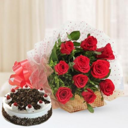 Premium Black Forest Cake From 5 Star With Lovely Red Roses