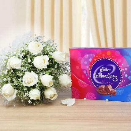 White Roses with Cadbury Celebration Chocolate Combo