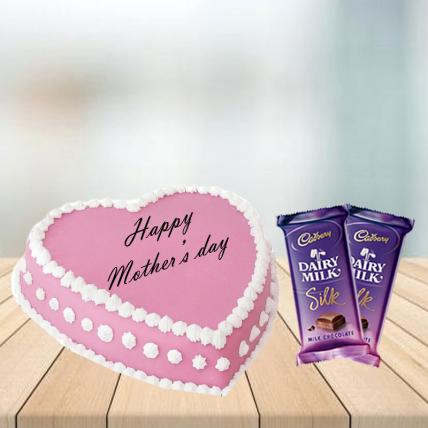 Mother Day Heart Shape Pink Strawberry Cake with Cadbury Silk Combo