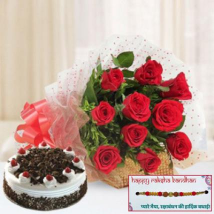 Blackforest Cake and Red Roses with Rakhi