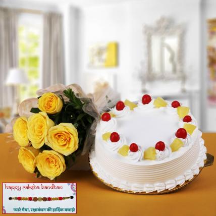 Pineapple Cake and  Yellow Roses with Rakhi