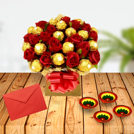 Diwali Roses and Rocher with Greeting Card & Diya