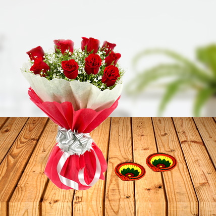 Diwali Red Roses with Diya