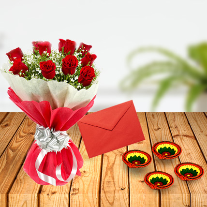 Diwali Red Roses with Greeting Card & Diya