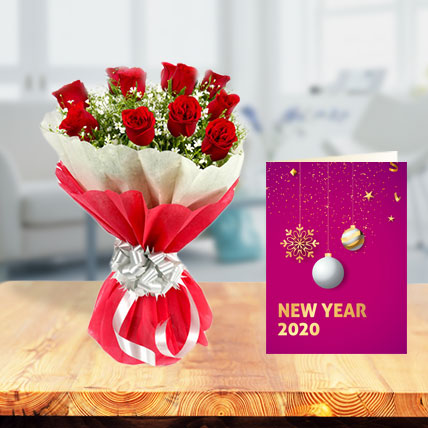 New Year Roses with New Year Greeting Card