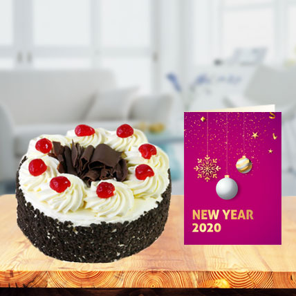 New Year Blackforest Cake with New Year Greeting Card